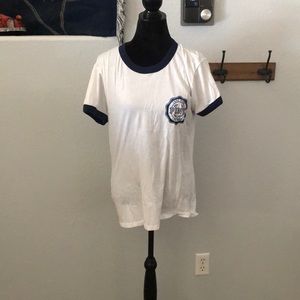 Blue and white PINK t-shirt with blue sequins